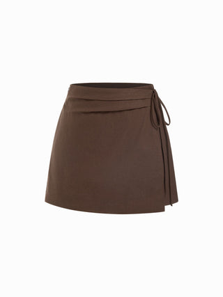 Linen-blend Wrap Front A-line Split Mini Skort
