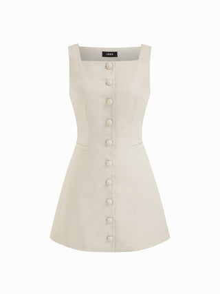 Linen-blend Linen-blend Braided Button Back Belt Square Neck Mini Dress For Daily Casual Work