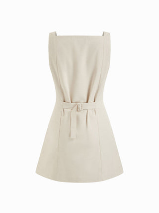 Linen-blend Linen-blend Braided Button Back Belt Square Neck Mini Dress For Daily Casual Work