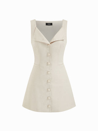 Linen-blend Linen-blend Braided Button Back Belt Square Neck Mini Dress For Daily Casual Work