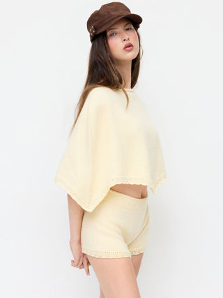 Knit Boat Neck Cloak Top & Lettuce Trim Shorts Set