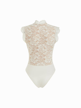 Lace Floral Stand Collar Sleeveless Bodysuit