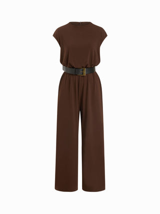 Knit Fabric  Round Neckline Oversized Jumpsuit with Belt