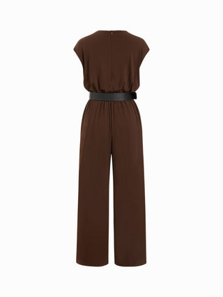 Knit Fabric  Round Neckline Oversized Jumpsuit with Belt