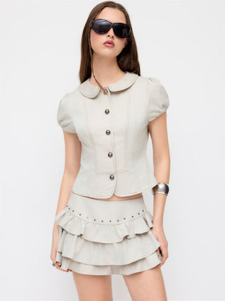 Cotton-blend Peter Pan Collar Puff Sleeve Blouse