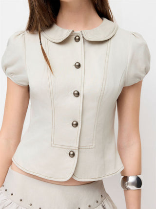 Cotton-blend Peter Pan Collar Puff Sleeve Blouse