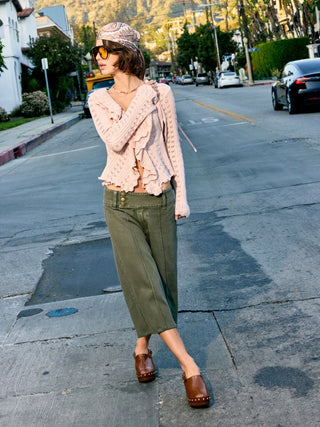 Washed Denim Low Rise Metal Detail Wide Leg Capri Jeans