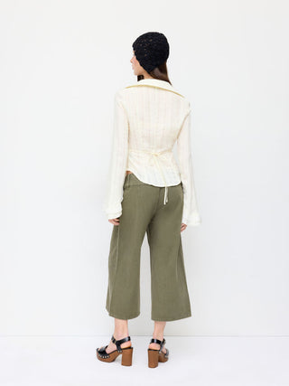 Washed Denim Low Rise Metal Detail Wide Leg Capri Jeans
