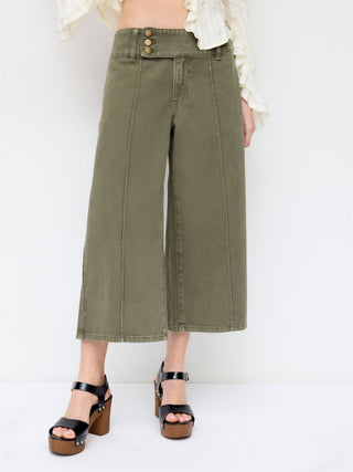 Washed Denim Low Rise Metal Detail Wide Leg Capri Jeans