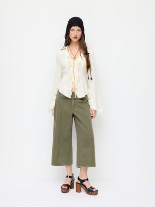Washed Denim Low Rise Metal Detail Wide Leg Capri Jeans