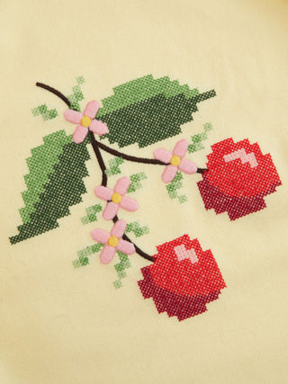 Linen-blend Halter Neckline Tie Back Cherry Embroidery Top