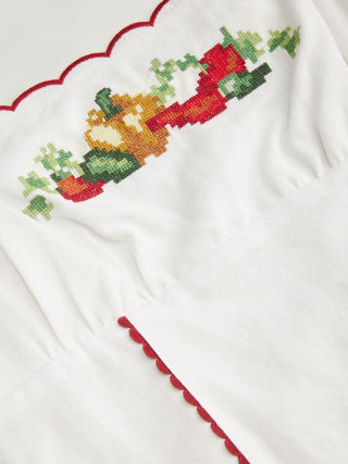 Linen-blend Square Neck Fruit Embroidery Flared Maxi Dress