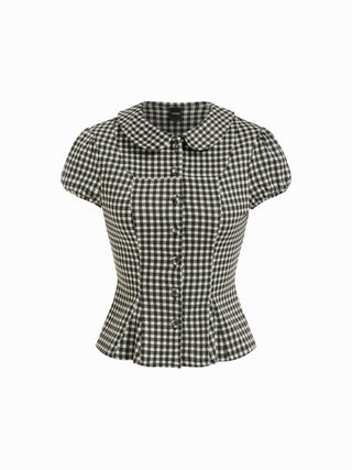Polka Dot Peter Pan Collar Puff Sleeve Cropped Top