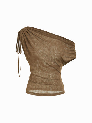 Linen-blend Linen-blend See-Through Off-shoulder Drawstring Top For Daily Casual Work
