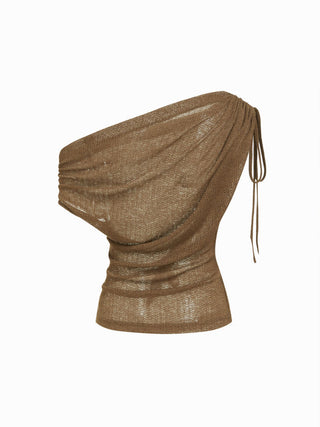 Linen-blend Linen-blend See-Through Off-shoulder Drawstring Top For Daily Casual Work
