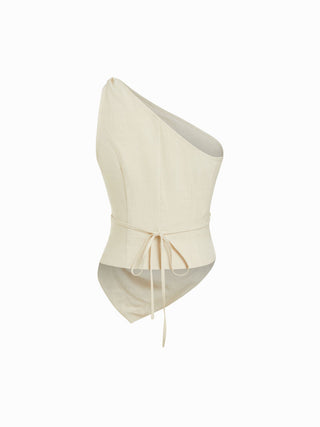 Linen-blend Asymmetrical Neck Ruched One-Shoulder Top
