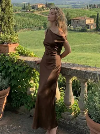 Satin Asymmetrical Neck Backless Maxi Dress