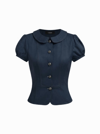 Cotton-blend Peter Pan Collar Puff Sleeve Blouse