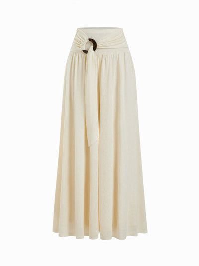 Mid Rise O-Ring Belted Ruched Draped Wide Leg Trousers