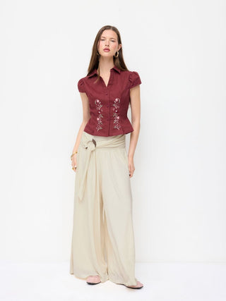 Mid Rise O-Ring Belted Ruched Draped Wide Leg Trousers