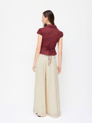 Mid Rise O-Ring Belted Ruched Draped Wide Leg Trousers
