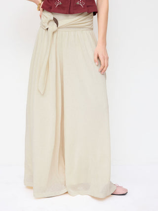 Mid Rise O-Ring Belted Ruched Draped Wide Leg Trousers