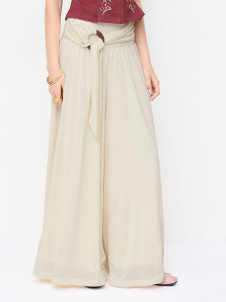 Mid Rise O-Ring Belted Ruched Draped Wide Leg Trousers