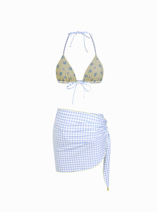 Reversible Floral & Gingham Halter Neckline Triangle Bikini Set With Cover Up Skirt