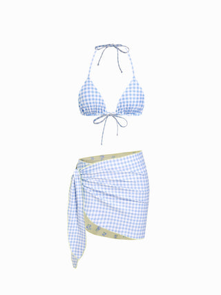 Reversible Floral & Gingham Halter Neckline Triangle Bikini Set With Cover Up Skirt