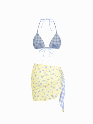 Reversible Floral & Gingham Halter Neckline Triangle Bikini Set With Cover Up Skirt