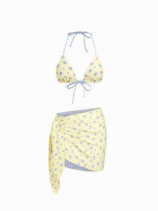 Reversible Floral & Gingham Halter Neckline Triangle Bikini Set With Cover Up Skirt