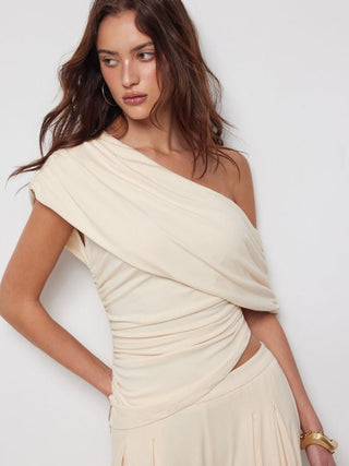 Asymmetrical Neck Ruched Top & Mid Rise Wide Leg Trousers Set