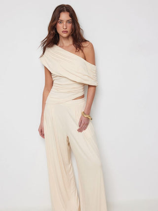 Asymmetrical Neck Ruched Top & Mid Rise Wide Leg Trousers Set