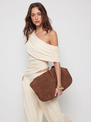 Asymmetrical Neck Ruched Top & Mid Rise Wide Leg Trousers Set