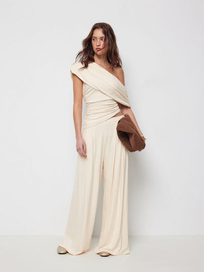 Asymmetrical Neck Ruched Top & Mid Rise Wide Leg Trousers Set