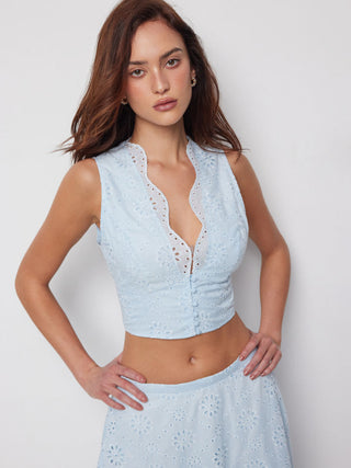 Jacquard V-neck Floral Broderie Anglaise Textured Blouse