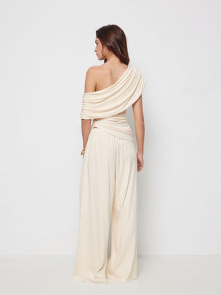 Asymmetrical Neck Ruched Top & Mid Rise Wide Leg Trousers Set
