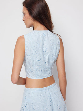 Jacquard V-neck Floral Broderie Anglaise Textured Blouse