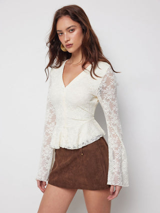 Lace V-Neck Bell Sleeve Ruffle Hem Blouse