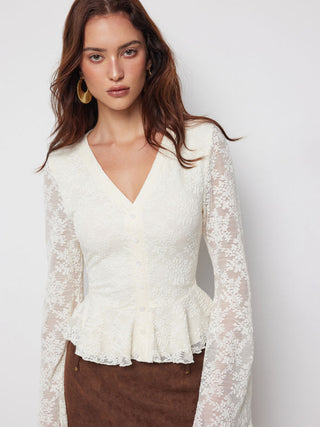 Lace V-Neck Bell Sleeve Ruffle Hem Blouse