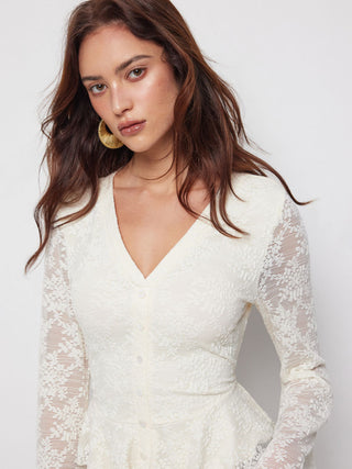 Lace V-Neck Bell Sleeve Ruffle Hem Blouse