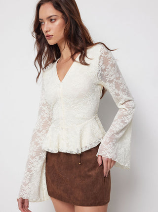 Lace V-Neck Bell Sleeve Ruffle Hem Blouse