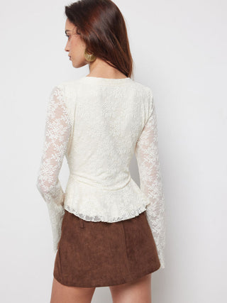Lace V-Neck Bell Sleeve Ruffle Hem Blouse