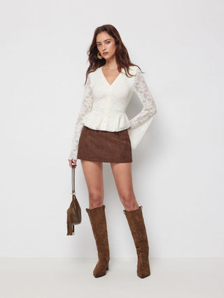 Lace V-Neck Bell Sleeve Ruffle Hem Blouse