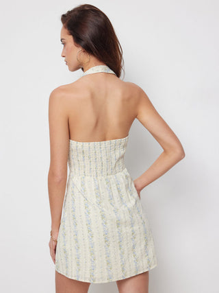 Cotton Floral Halter Neckline Bowknot A-line Mini Dress