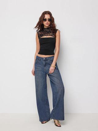 Lace High Neck Cut Out Sleeveless Top