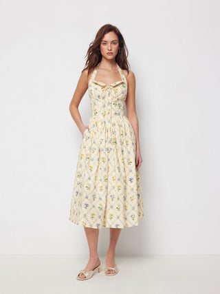 Cotton-blend Sculptural Ditsy Floral Halter Neckline Knotted A-line Maxi Dress
