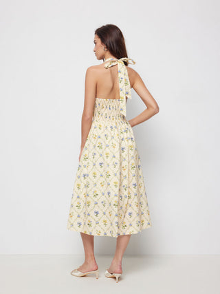 Cotton-blend Sculptural Ditsy Floral Halter Neckline Knotted A-line Maxi Dress