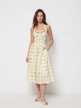 Cotton-blend Sculptural Ditsy Floral Halter Neckline Knotted A-line Maxi Dress