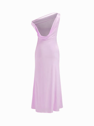 Satin Asymmetrical Neck Backless Maxi Dress